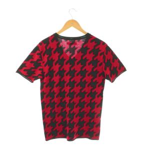 1PIU1UGUALE3 千鳥格子 半袖ニットトップス セーター プルオーバー Vネック V レッド ブラック MRK060 /CX