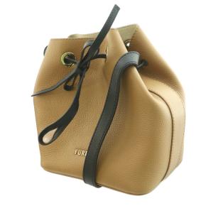 FURLA コスタンザ Costanza ショルダーバッグ 巾着型 バイカラー リボン ロゴ レザー 茶 ブラウン
