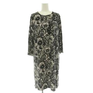 ワンピース ひざ丈 長袖 クルーネック ボタニカル柄 ライトグレー 黒 ブラック 白 ホワイト /BB