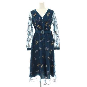 24AW チュールフラワー刺繍ワンピース Vネック ロング 長袖 36 青 ブルー 0124431151