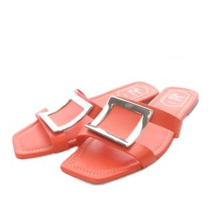 サンダル フラット スクエアバックル レザー 40 オレンジ /YO28