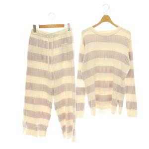 スムーズィーリブボーダープルオーバー パンツ セット ルームウエア F ラベンダー色 白 /CX OS