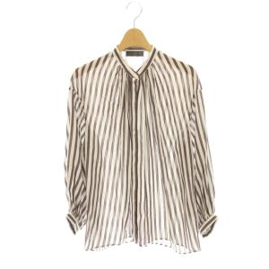 24AW トラックストライプ ギャザーシャツ ブラウス シルク混 36 ココアブラウン ホワイト /ES