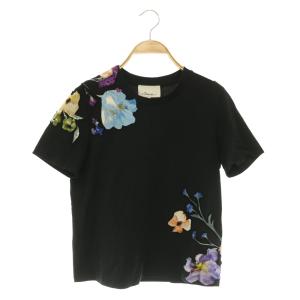 フラワーアップリケ 刺繍 Tシャツ カットソー XS ブラック /MY OS