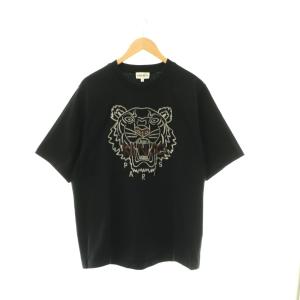 タイガー刺繍フロントロゴTシャツ カットソー 半袖 L ブラック ホワイト ブラウン /DO OS