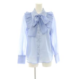 24SS タックプリーツショルダーシアーブラウス シャツ リボン 前開き F ブルー /CX OS