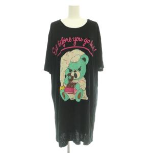 ヒスベア Tシャツワンピース ひざ丈 半袖 ロゴ プリント ストレッチ 薄手 F 黒 ブラック タグ付き