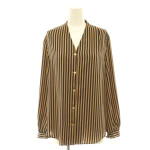 ストライプ柄ノーカラーL/S シャツ ブラウス 長袖 前開き 38 ベージュ 紺 /NR OS