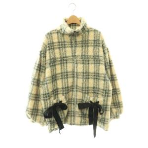 チェックボアリボンブルゾン ジャケット スタンドカラー F ベージュ グレー /CX OS