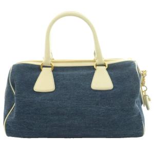 PRADA サフィアーノレザー×デニム 2WAYバッグ ネイビー アイボリー
