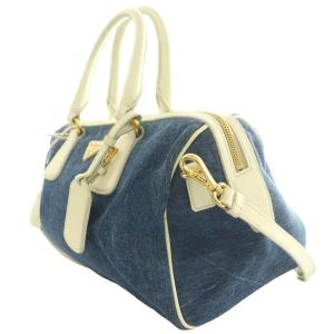 PRADA サフィアーノレザー×デニム 2WAYバッグ ネイビー アイボリー