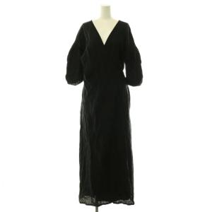 Linen Madam Dress ワンピース ロング カシュクール 七分袖 リネン ブラック /DO