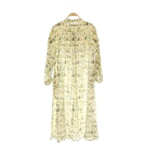 franche lippée Hobby room ワンピース リネン ロング 長袖 バンドカラー フリル 総柄 M オフホワイト /MY
