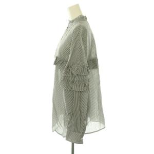 Spick&Span 24SS コットンシルクティアードフリルスリーブブラウス ストライプ 長袖 Fブラック ホワイト /HK