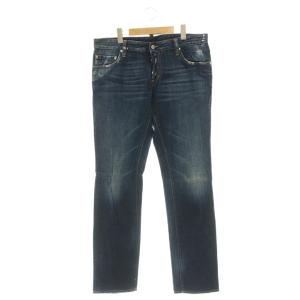 レザーパッチデニムパンツ ジーンズ ストレート ボタンフライ ダメージ加工 52 インディゴブルー /DO