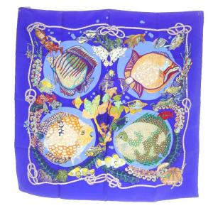 Grands Fonds 深海魚 スカーフ 総柄 ブルー カレ90