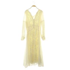 SHIRRING PLEATS DRESS 長袖ワンピース レース チュール スキッパー M アイボリー