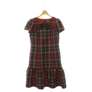 24AW ロー切り替えチェックドレス ワンピース 半袖 ミモレ ロング 40 赤 レッド /NR OS