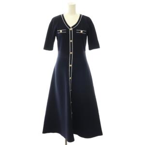 25SS 配色パイピングリブニットワンピース 半袖 ロング Vネック FR 紺 ネイビー /NR OS