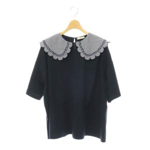 ギンガムスカラップカラーTシャツ カットソー オーバーサイズ 五分袖 F 紺 ネイビー /HS OS