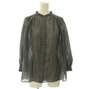 26SS レーヨンキュプラシャツ ブラウス バンドカラー シアー 前開き 36 紺 ネイビー 13-01-62-01204