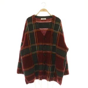 チェック 厚手 ニット カーディガン オーバーサイズ フリンジ M レッド グレー /MY OS