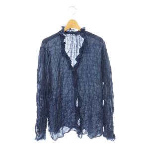25AW シャーリングチェックシャツ ブラウス Vネック 青 ブルー 紺 ネイビー /CX OS