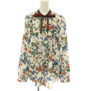 RUFFLE BOW TIE SHIRT ボウタイシャツ ブラウス 総柄 長袖 ホワイト /HK OS