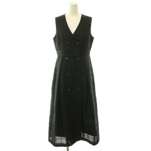 25AW シャドーチェックワンピース Vネック ボタン ロング ノースリーブ 36 黒 ブラック 0125331214