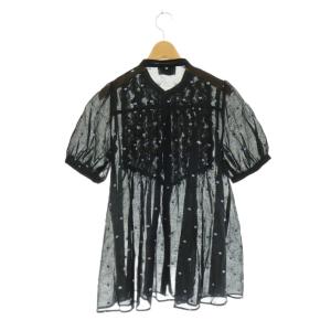 UNITED ARROWS 2トーンドットジャガードブラウス 半袖 シアー ブラック ブルー ホワイト /DO OS
