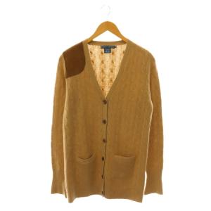 ヴィンテージ カシミヤ混 ケーブルニットカーディガン Vネック ゴートレザー M ベージュ ブラウン /CX