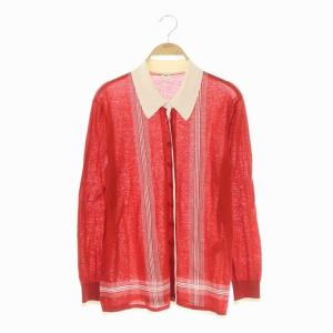 カーディガン カシミヤシルク混 襟付ストライプ柄ニット 40 赤 アイボリー レッド