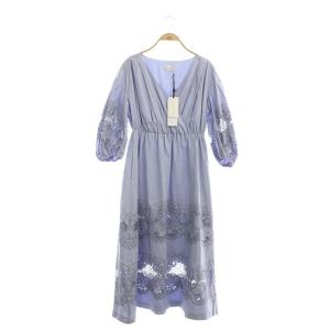 21SS ダマスク刺繍ワンピース ボリュームスリーブ 36 ブルー