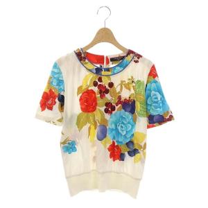FASHION カットソー 半袖 総柄 ボタニカル柄 M 白 ホワイト マルチカラー