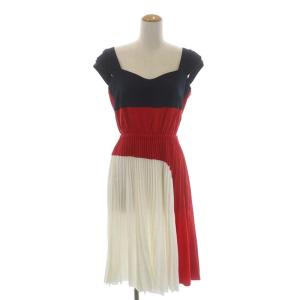 ワンピース ノースリーブ 切替 プリーツ 膝丈 デザインネック 42 紺 赤 白