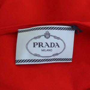 PRADA ワンピース ノースリーブ 切替 プリーツ 膝丈 デザインネック 42 紺 赤 白
