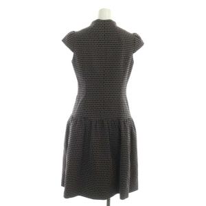 René ツイードワンピース ロング 半袖 リボンブローチ付 フロントジップ 総柄 36 ブラック