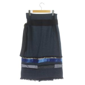 AKANE UTSUNOMIYA ウール シルク混 フリンジスカート ロング 切替 台形 ベルト付 38 ネイビー
