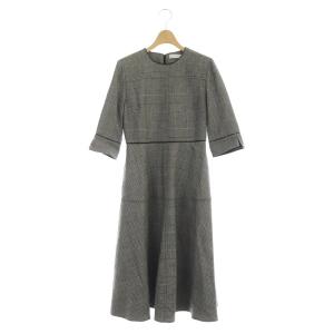 合皮使いワンピース ロング 七分袖 グレンチェック 36 黒 白 ブラック ホワイト