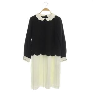 2WAYスカラップワンピース プリーツ 膝丈 長袖 ドッキング 0 黒 白 ブラック ホワイト