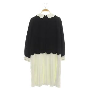 Chesty 2WAYスカラップワンピース プリーツ 膝丈 長袖 ドッキング 0 黒 白 ブラック ホワイト