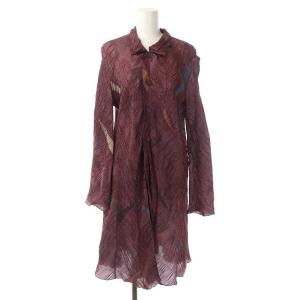 Babaghuri シワ加工 シャツワンピース ひざ丈 長袖 シルク M ボルドー