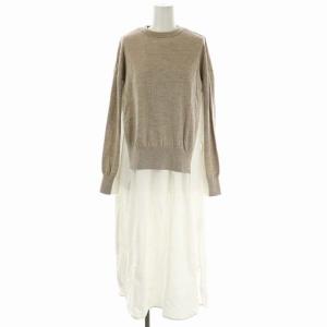 20AW ニットレイヤード フレアコンビDRS ワンピース ロング 長袖 38 ベージュ ホワイト