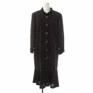 ワンピース 七分袖 切替 フレア 膝丈 花柄 フロントボタン 9 黒 赤 緑 ブラック レッド グリーン