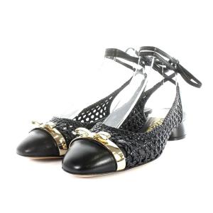 ミュール サンダル ヴァラリボン メッシュ レザー 6.5 24.5cm 黒 ブラック