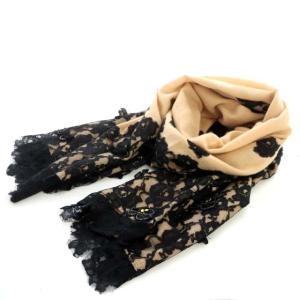 フラワーレースストール ウール シルク混 F スモークピンク 黒 ブラック
