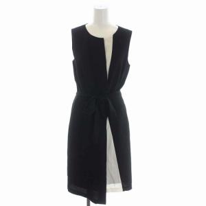 バイカラー切替ワンピース ひざ丈 ノースリーブ 36 黒 ブラック オフホワイト