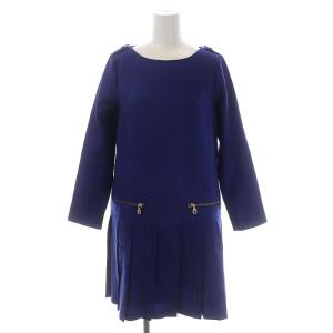 ワンピース プリーツ ウール ひざ丈 長袖 36 青 ブルー