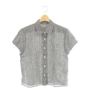 リネン チェック 半袖 シャツ 前開き 2 黒 白 ブラック ホワイト