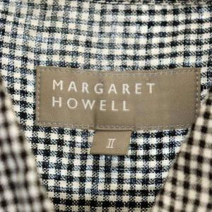 MARGARET HOWELL リネン チェック 半袖 シャツ 前開き 2 黒 白 ブラック ホワイト
